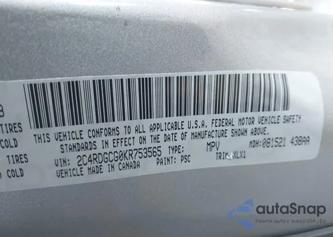 2019 Dodge Grand Caravan Sxt из США, поврежденный, VIN 2C4RDGCG0KR753565